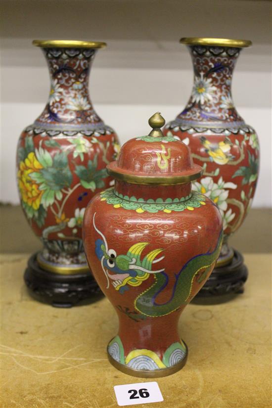 Three Chinese cloisonne enamel red ground vases